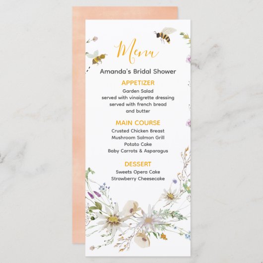 Een klein Honey Bee Wildflower Baby shower Menu (Voorkant / Achterkant)