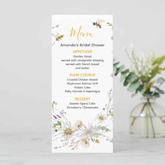 Een klein Honey Bee Wildflower Baby shower Menu (Staand voorkant)