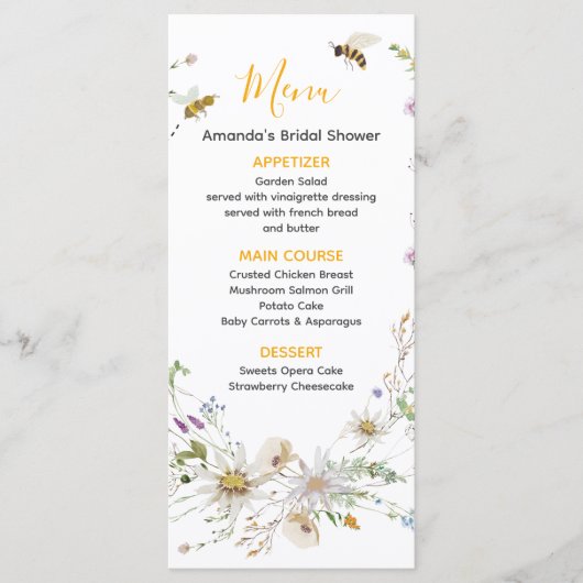 Een klein Honey Bee Wildflower Baby shower Menu (Voorkant)