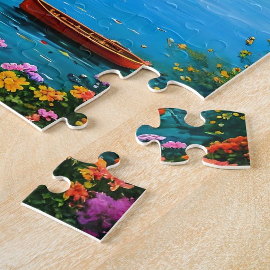 Een klein huis op de achtergrond van een bergmeer legpuzzel (Zijkant)