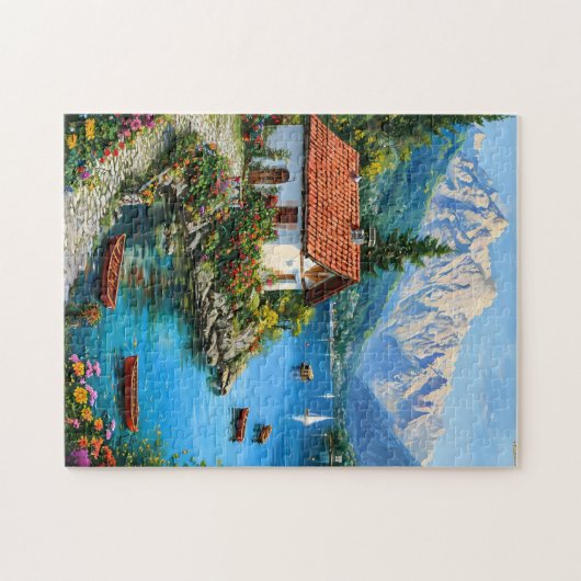 Een klein huis op de achtergrond van een bergmeer legpuzzel (Horizontaal)