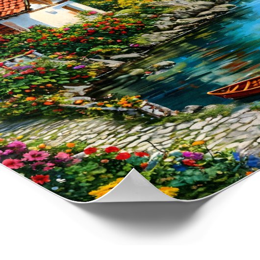 Een klein huis op de achtergrond van een bergmeer poster (Hoek)