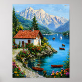 Een klein huis op de achtergrond van een bergmeer poster (Voorkant)