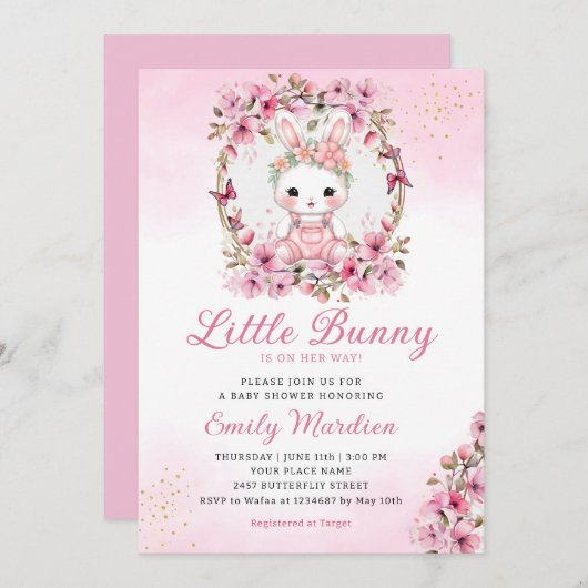 Een klein konijn cute bloem roze baby shower meisj kaart (Voorkant / Achterkant)