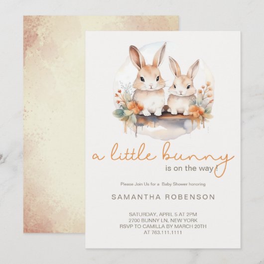 Een klein konijntje is onderweg naar het baby show kaart (Voorkant / Achterkant)