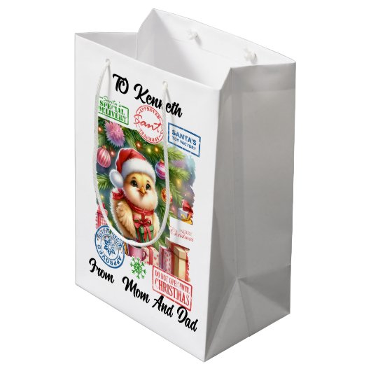 Een klein kuiken is klaar voor kerst medium cadeauzakje (Achterkant Gekanteld)