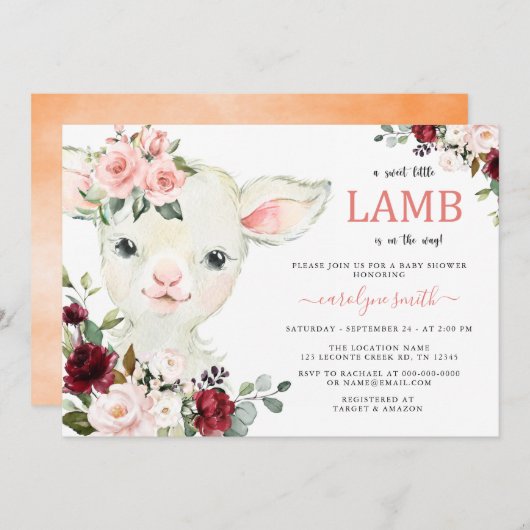 Een klein Lamb Greenery Floral Baby shower Kaart (Voorkant / Achterkant)