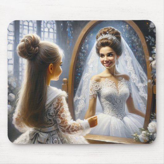 Een klein meisje dat in een spiegel naar een bruid muismat (Voorkant)