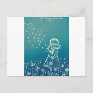 Een klein meisje dat op een dandelion blaast briefkaart