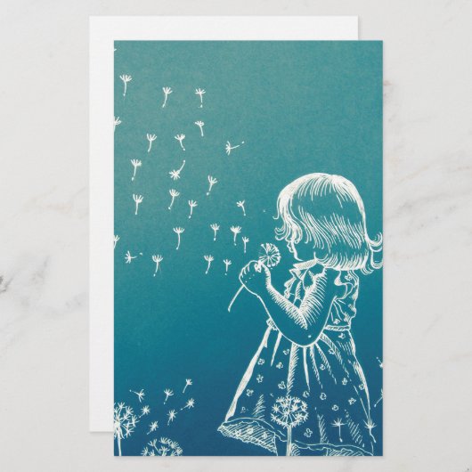 Een klein meisje dat op een dandelion blaast briefpapier (Voorkant / Achterkant)