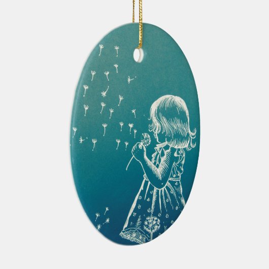 Een klein meisje dat op een dandelion blaast keramisch ornament (Rechts)