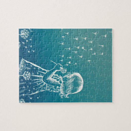 Een klein meisje dat op een dandelion blaast legpuzzel (Horizontaal)