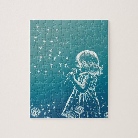 Een klein meisje dat op een dandelion blaast legpuzzel (Verticaal)