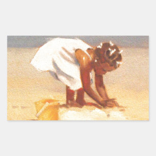 Een klein meisje dat zand speelt rechthoekige sticker