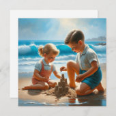 Een klein meisje en jongen die een zandkasteel bou (Voorkant / Achterkant)