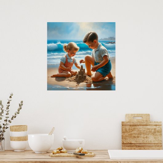 Een klein meisje en jongen die een zandkasteel bou poster (Keuken)