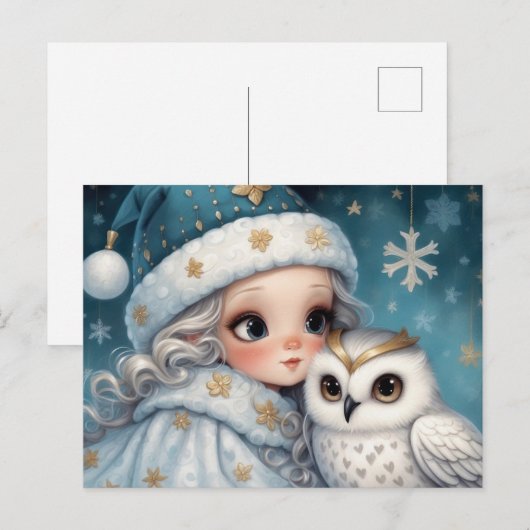 Een klein meisje knuffelt een witte uil feestdagenkaart (Voorkant / Achterkant)