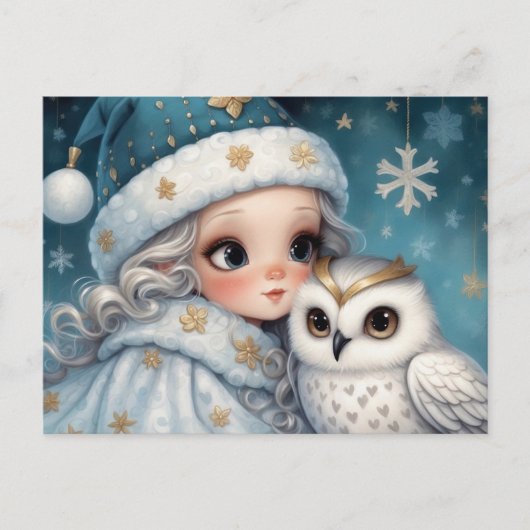 Een klein meisje knuffelt een witte uil feestdagenkaart (Voorkant)