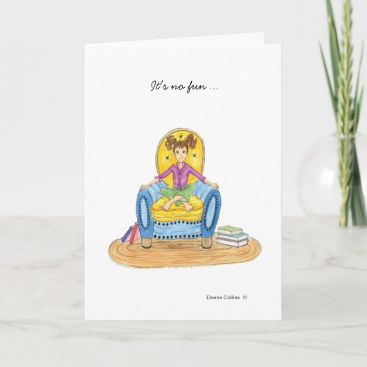 Een klein meisje met een blauwe stoel die je vermi kaart (Voorkant)