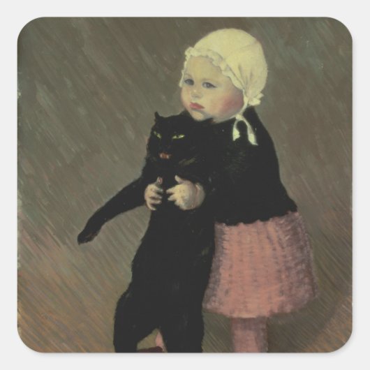Een klein meisje met een kat, 1889 vierkante sticker (Voorkant)