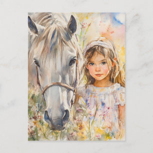 Een klein meisje met een paard briefkaart