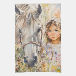 Een klein meisje met een paard theedoek