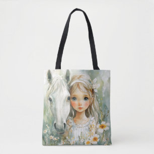 Een klein meisje met een paard tote bag
