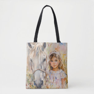 Een klein meisje met een paard tote bag