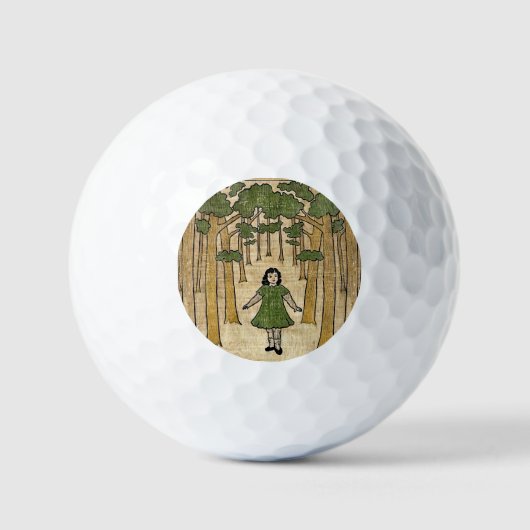 Een klein meisje verdwaald in het bos. golfballen (Voorkant)