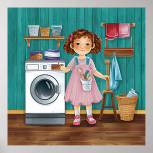 Een klein meisje voor een wasmachine poster
