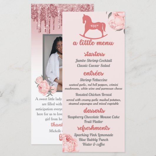 Een klein menu|Roze Peony Baby shower Foto Menu