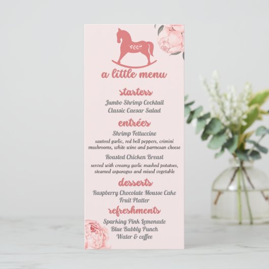 Een klein menu|Roze Peony Baby shower Foto Menu (Staand voorkant)