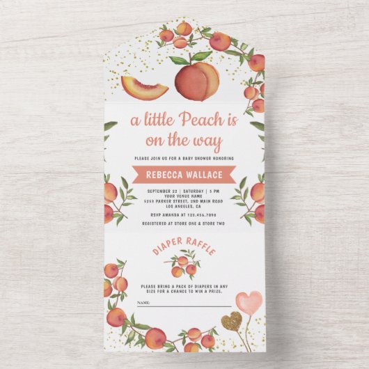 Een klein Perzikje is onderweg naar Baby shower All In One Uitnodiging (Binnen)