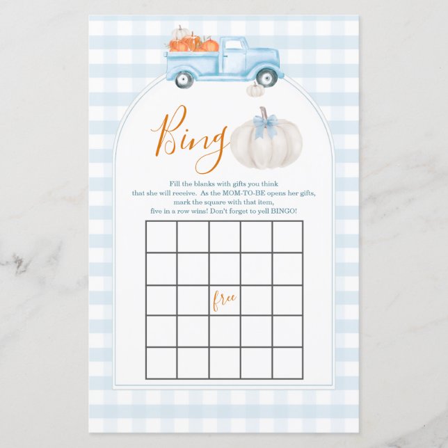 Een Klein Pompoen Blauw Truck Gingham Bingo Spel (Voorkant)