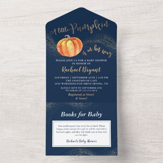 Een klein pompoen goudblauw Baby shower All In One Uitnodiging (Binnen)