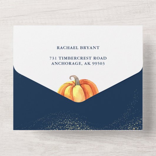 Een klein pompoen goudblauw Baby shower All In One Uitnodiging (Achterkant)