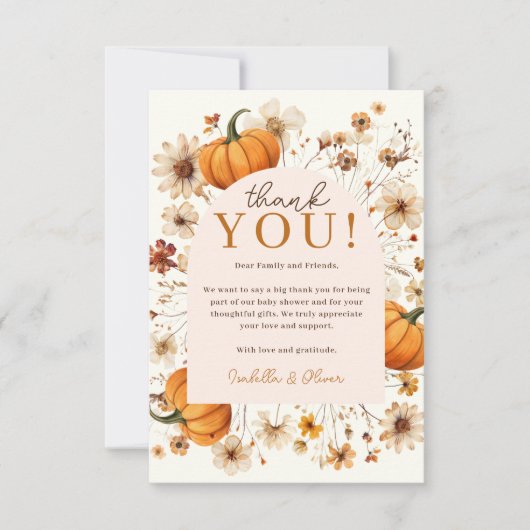 Een klein pompoen Herfst Baby shower dank u kaart (Voorkant)
