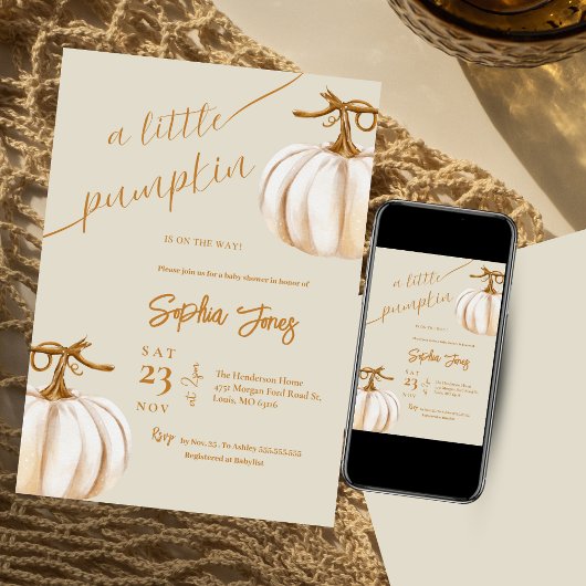 Een klein pompoen wit bruine herfst babyshower kaart