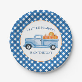 Een klein pompoenblauw vrachtwagen val baby shower papieren bordje
