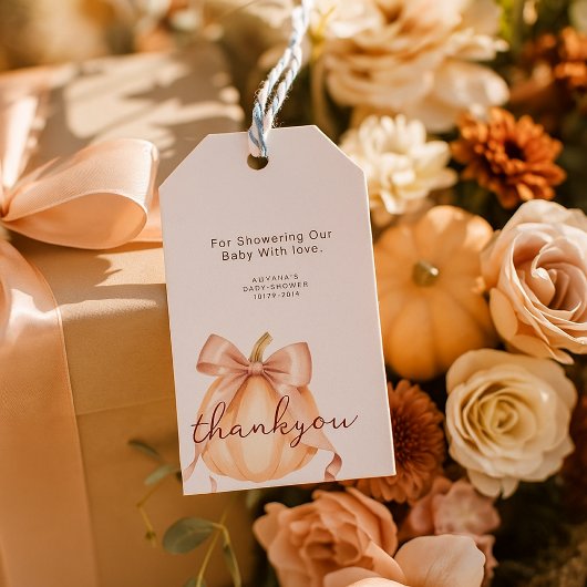 Een klein pompoenboog roze babyshower waterverf cadeaulabel