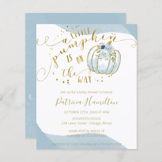 Een klein pompoenbudget Baby shower-uitnodiging (Voorkant / Achterkant)