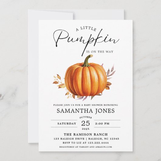 Een klein pompoentje is op komst, herfst baby show kaart (Voorkant)