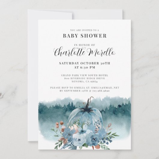 Een Klein Pompoentje Is Op Weg Stof Blauw Herfst Kaart (Voorkant)