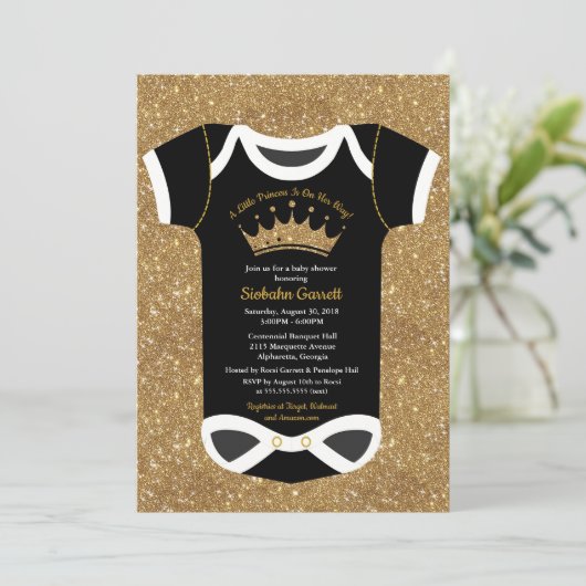 Een klein prinses Black en Royal Gold Baby shower Kaart (Staand voorkant)