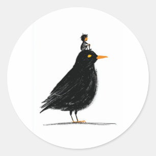 Een Klein Ruiter op een Zwarte Vogel Klassieke R Ronde Sticker