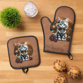 Een klein, schattig kitten in een steampunk stijl. ovenwant & pannenlap set