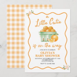 Een klein schattig oranje geruit babyfeestje kaart