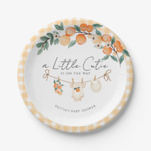 Een Klein Schattig Oranje Geruit Citrus Baby Showe Papieren Bordje
