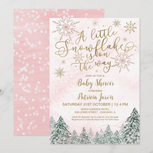 Een klein Snowflake Roze Baby shower Kaart (Voorkant / Achterkant)