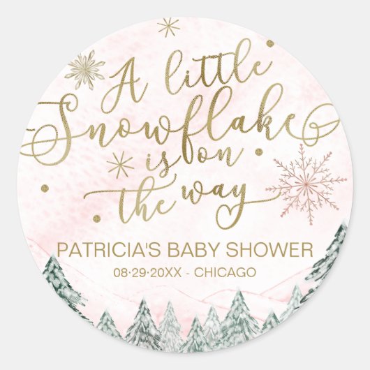 Een klein Snowflake Roze Baby shower Ronde Sticker (Voorkant)
